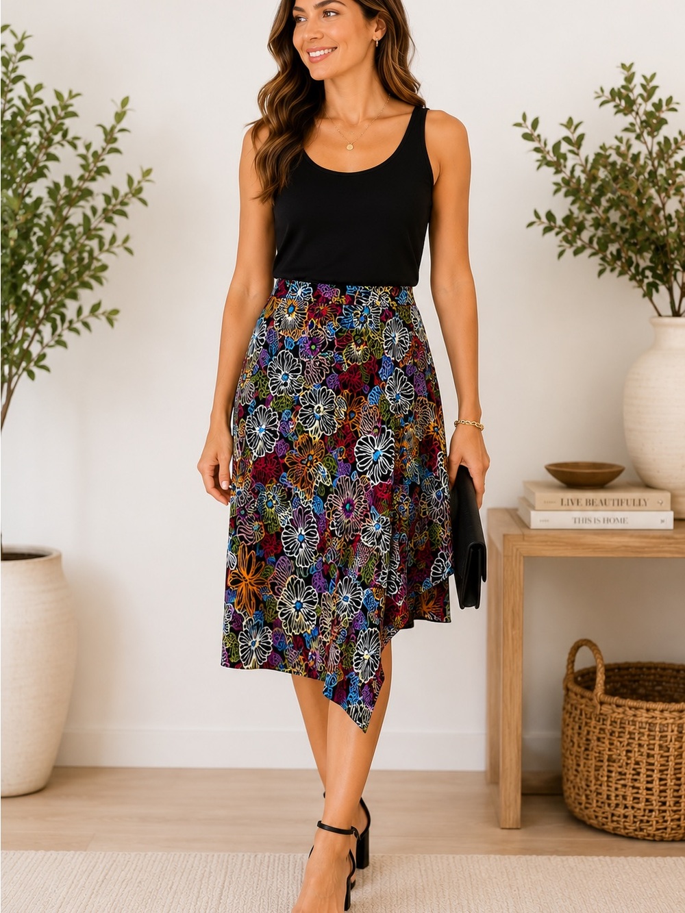 Notations Multicolor Floral Asymmetrical Midi Skirt